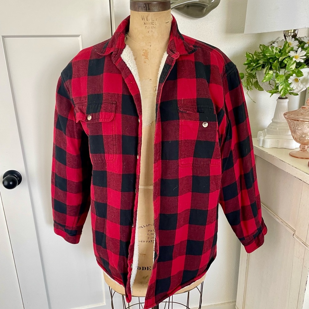 Red Head Flannel Jacket Men's L Sherpa Lined Shacket Red Buffalo Plaid